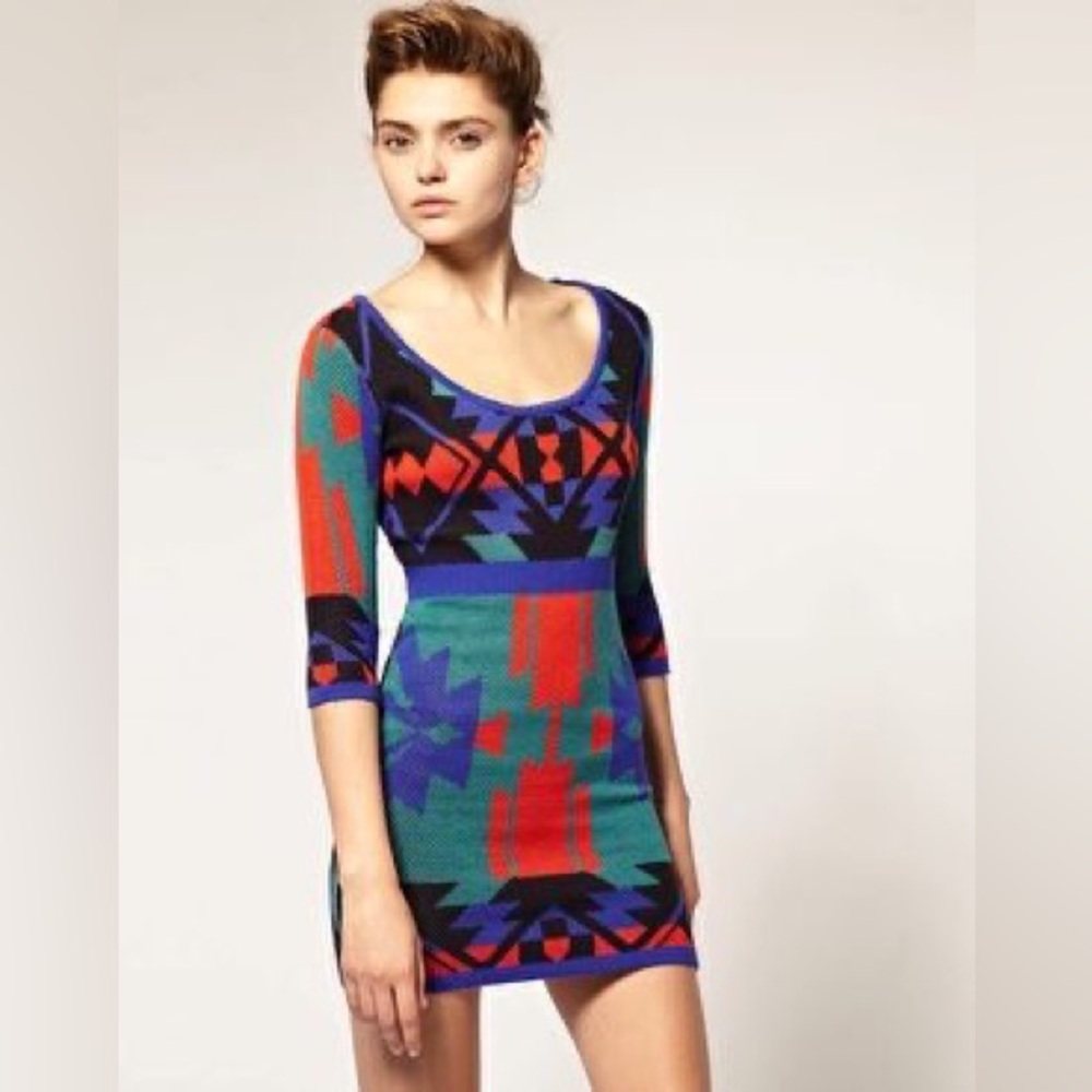 ASOS Purple and Blue Bodycon Mini Dress 3/4 Sleeve Scoop Neck